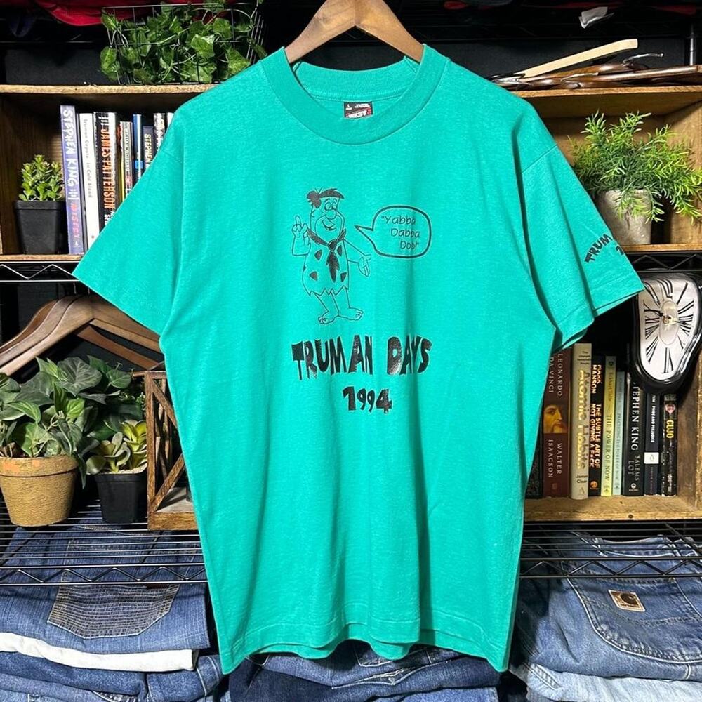 Vintage 90s Single Stitch Truman Days Cartoon Tee Teal The Flintstones Shirt